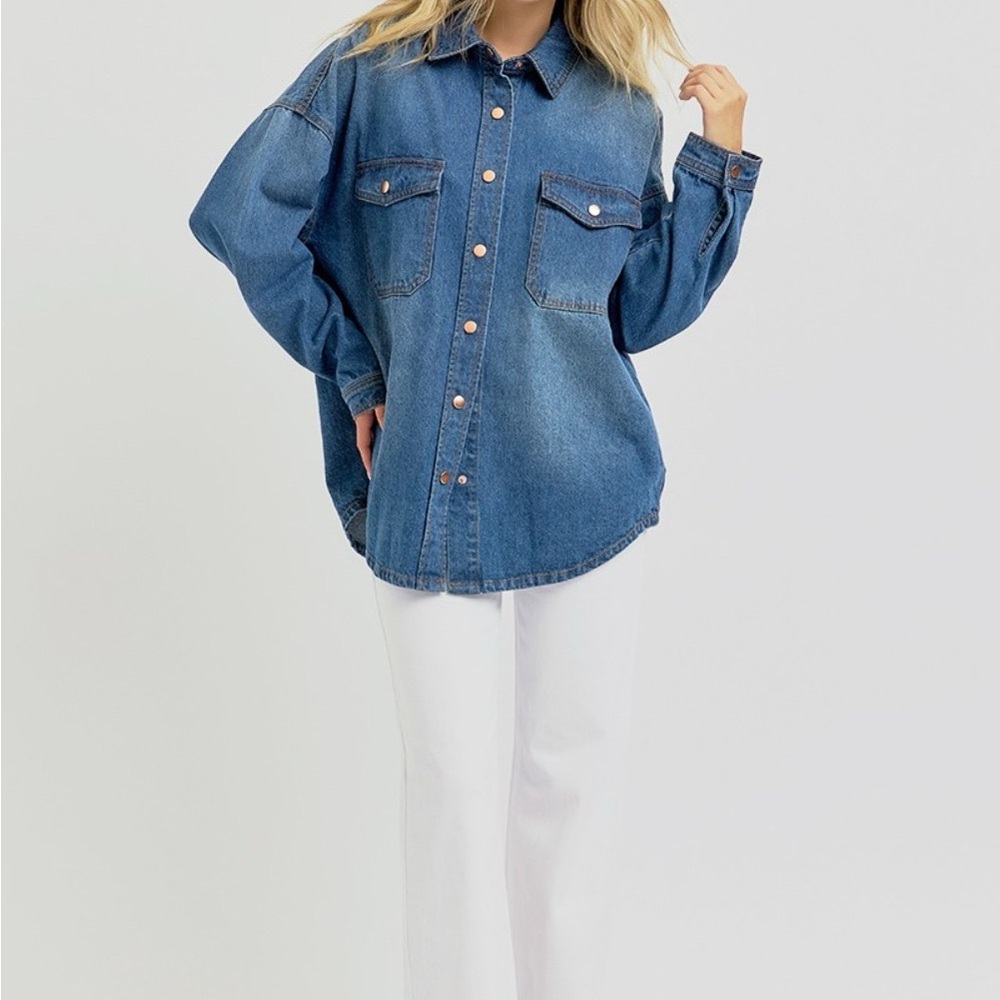 SOLD OUT RISEN Full Size Snap Down Long Sleeve Denim Shacket - Picture 5 of 6